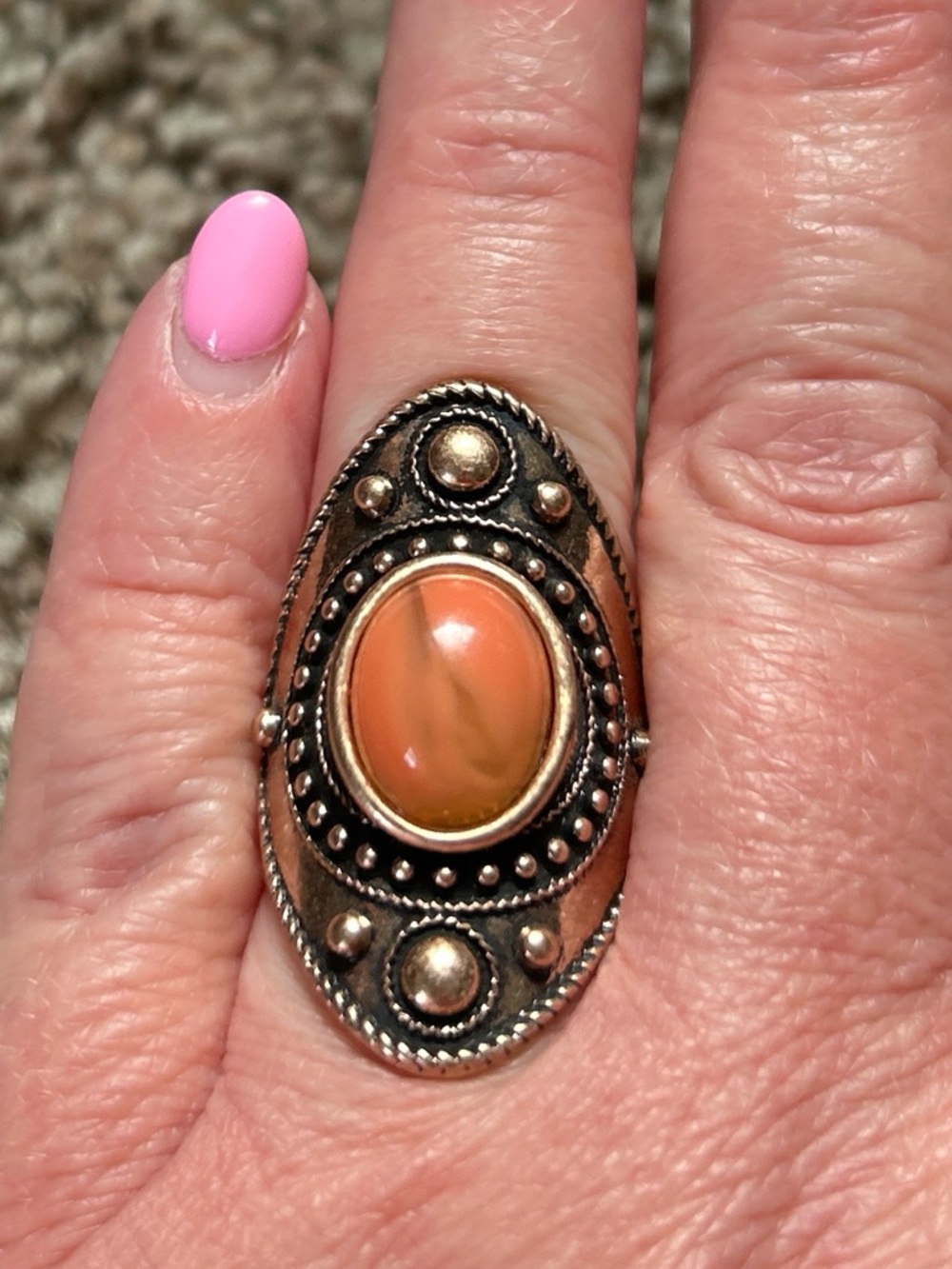 Vintage-Style Orange Stone Sterling Silver Statement Ring